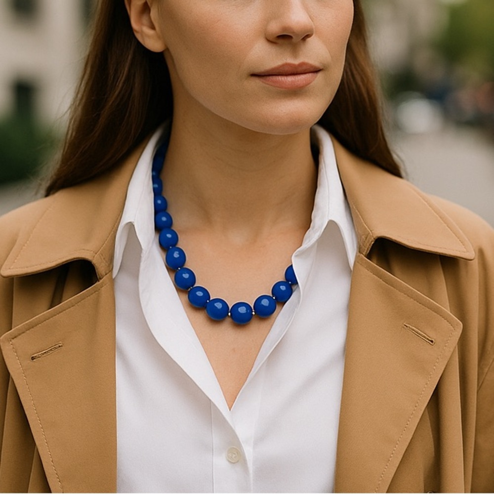 Vintage cobalt blue beaded necklace – 27” opera length – round statement beads